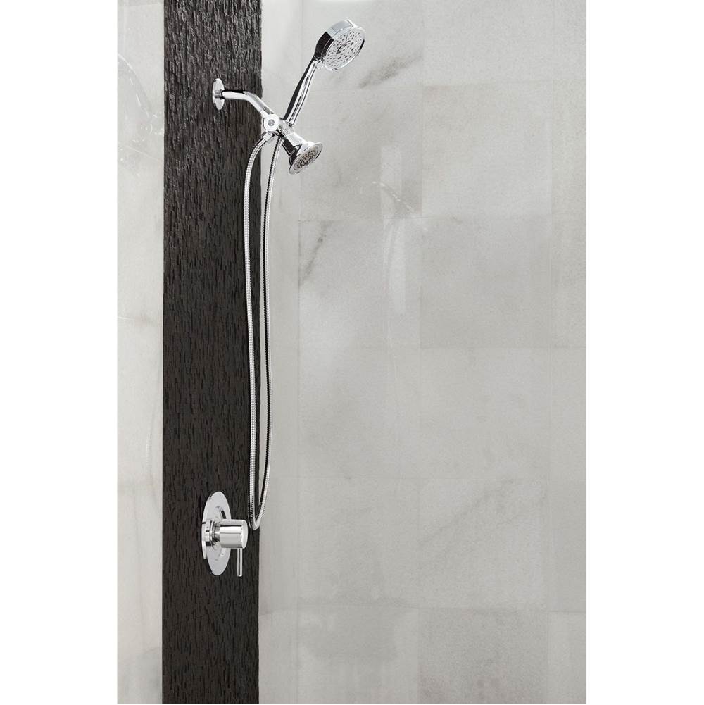 Chrome shower fixture and handheld shower mounted on marble tile with a dark accent panel.
