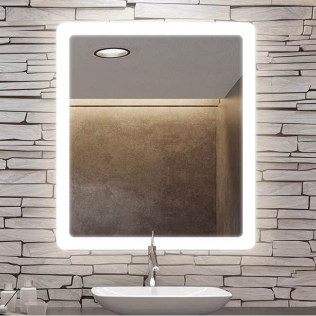Bath and Bronze front-lit bathroom mirror above a vessel sink with a textured stone wall.