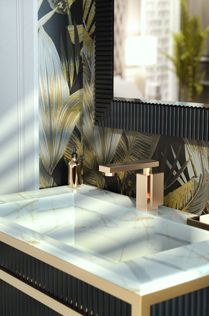 Bath and Bronze modern single-hole faucet on a marble vanity with patterned wall and black mirror.
