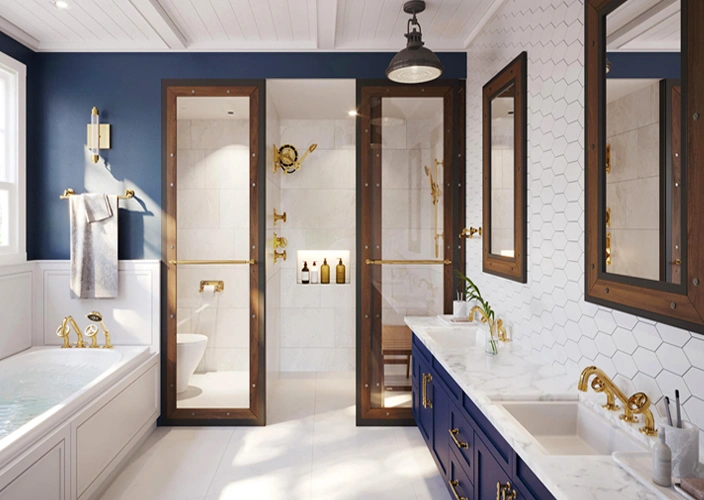 Bath & Bronze bathroom with blue vanity, gold fixtures, white tile, soaking tub, and glass shower.