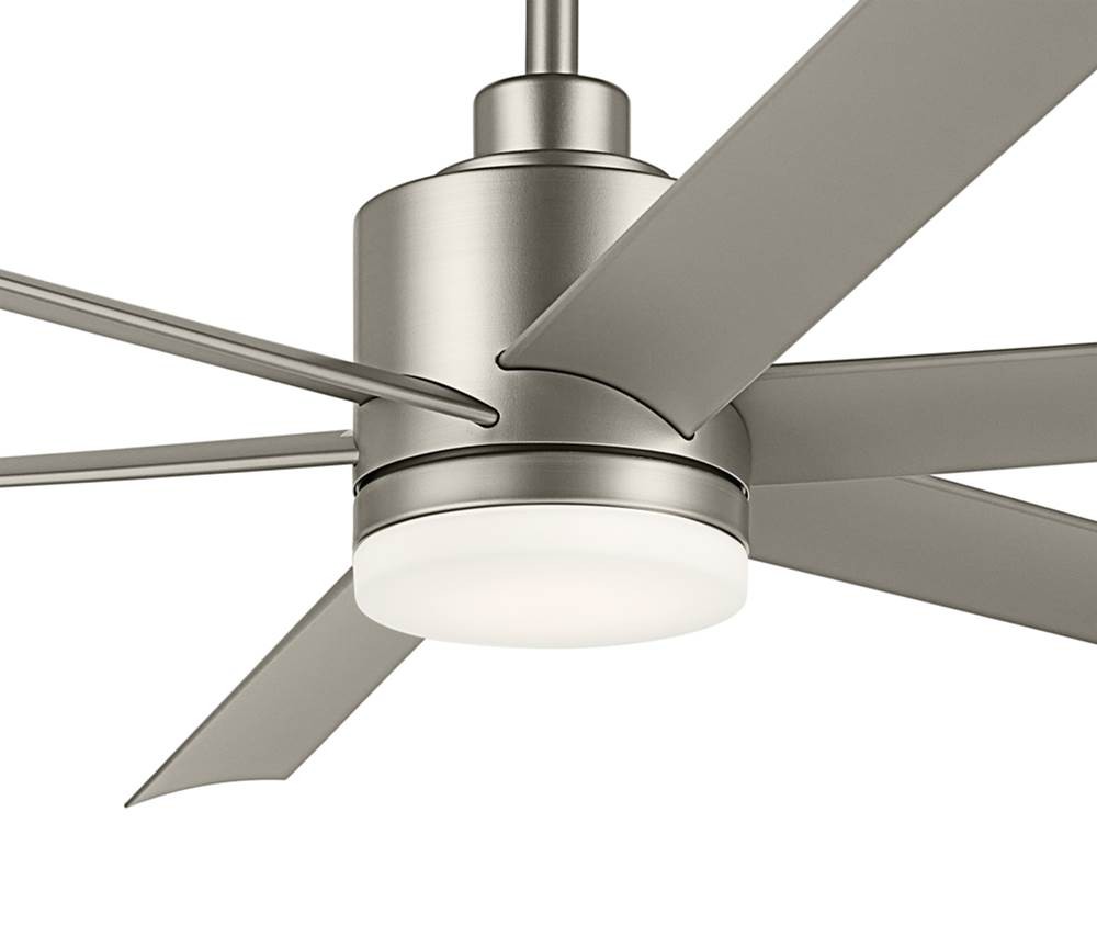 Brushed nickel ceiling fan with integrated LED light and modern blade design.