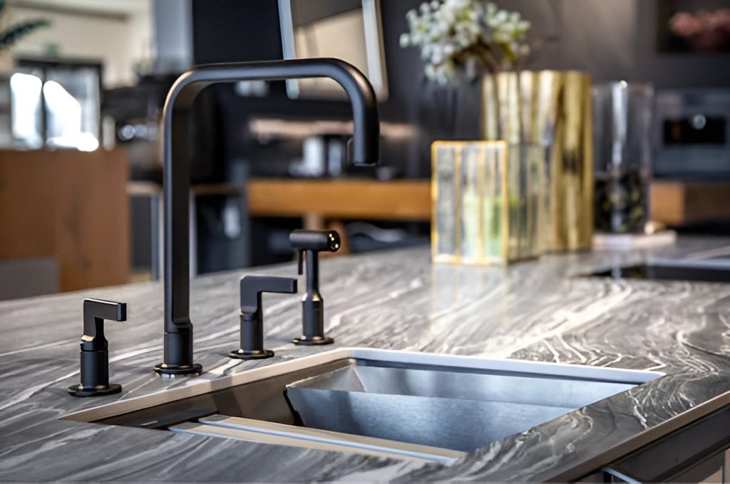 Matte black kitchen faucet paired with an undermount sink and marble countertop.