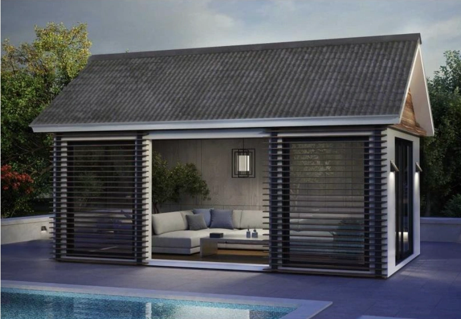 Bath & Bronze outdoor living structure with poolside lounge, dark shutters, and modern lighting.