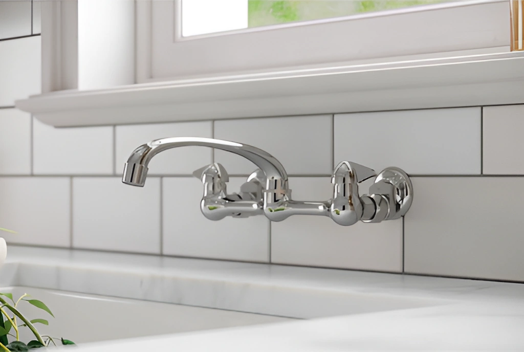 Wall-mounted chrome kitchen faucet installed above a white sink and subway tile backsplash.