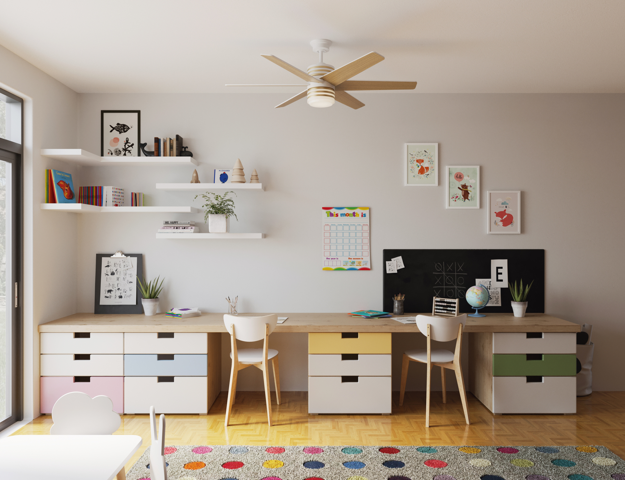 Light wood ceiling fan in a bright kids’ study room with built-in desks and shelves.