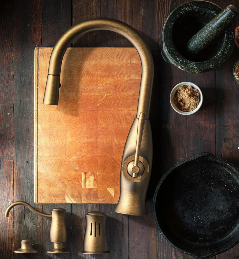 Bronze kitchen faucet displayed with coordinating accessories on a dark wood surface.